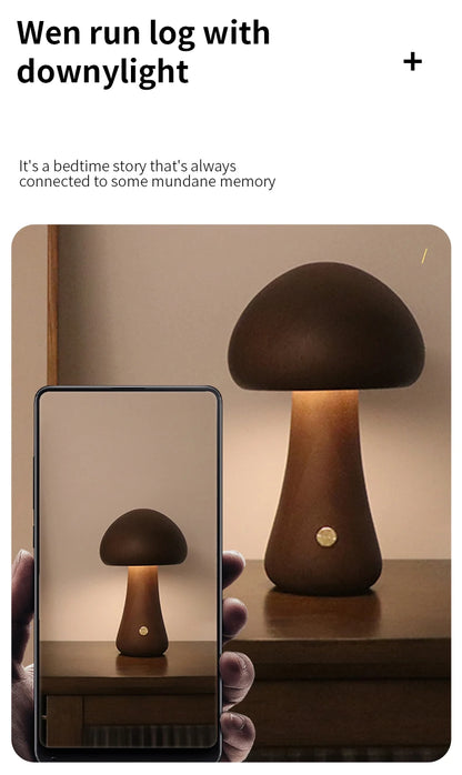 LED Mushroom Night Light - Wooden Bedside Table Lamp With Touch Switch, Adjustable Brightness - ZOOMNSTORE