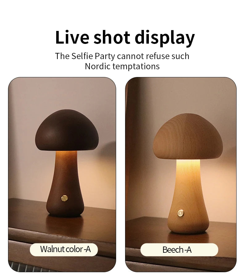 LED Mushroom Night Light - Wooden Bedside Table Lamp With Touch Switch, Adjustable Brightness - ZOOMNSTORE