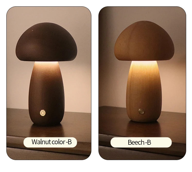 LED Mushroom Night Light - Wooden Bedside Table Lamp With Touch Switch, Adjustable Brightness - ZOOMNSTORE