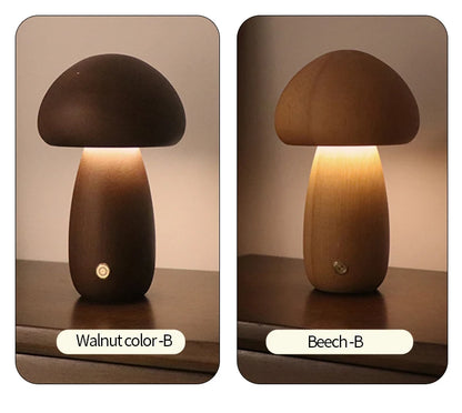 LED Mushroom Night Light - Wooden Bedside Table Lamp With Touch Switch, Adjustable Brightness - ZOOMNSTORE