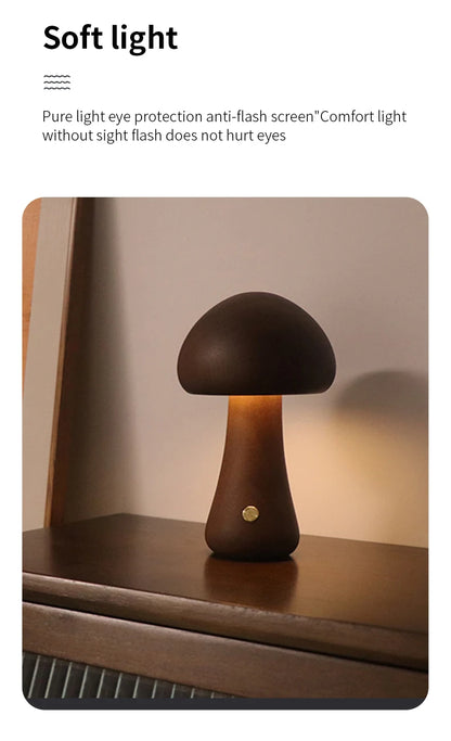 LED Mushroom Night Light - Wooden Bedside Table Lamp With Touch Switch, Adjustable Brightness - ZOOMNSTORE