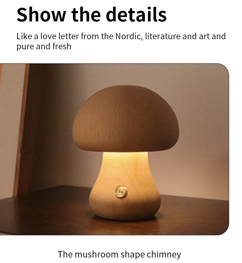 LED Mushroom Night Light - Wooden Bedside Table Lamp With Touch Switch, Adjustable Brightness - ZOOMNSTORE