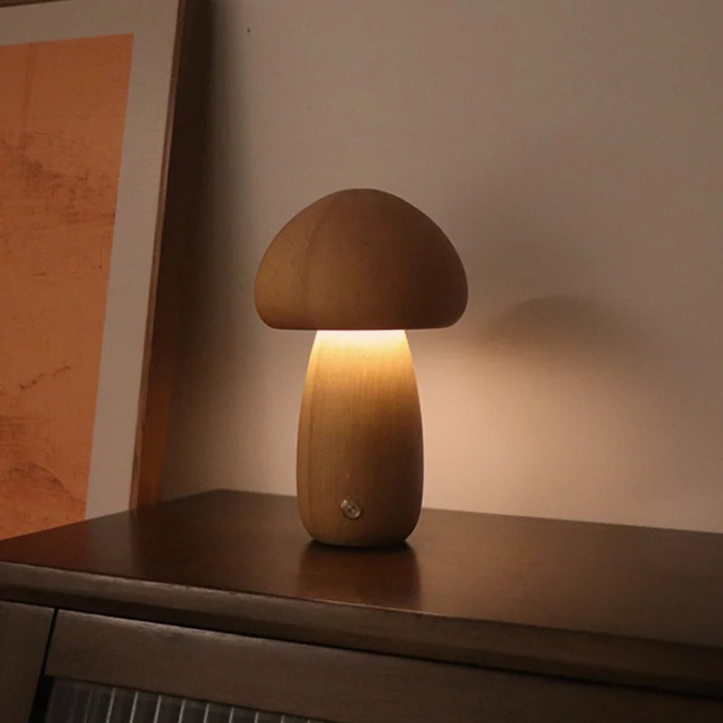 LED Mushroom Night Light - Wooden Bedside Table Lamp With Touch Switch, Adjustable Brightness - ZOOMNSTORE