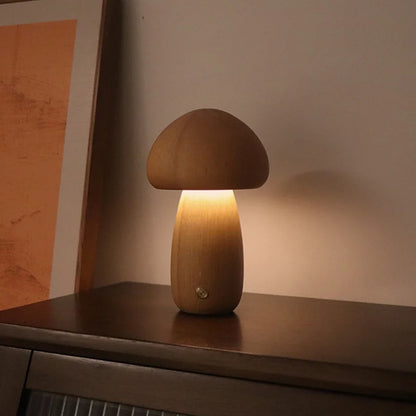 LED Mushroom Night Light - Wooden Bedside Table Lamp With Touch Switch, Adjustable Brightness - ZOOMNSTORE