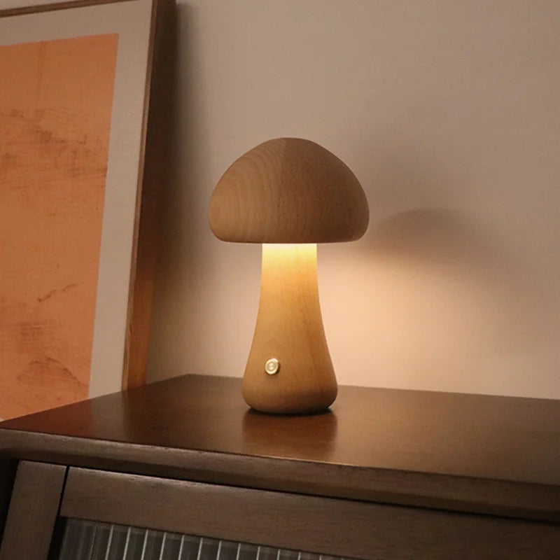 LED Mushroom Night Light - Wooden Bedside Table Lamp With Touch Switch, Adjustable Brightness - ZOOMNSTORE