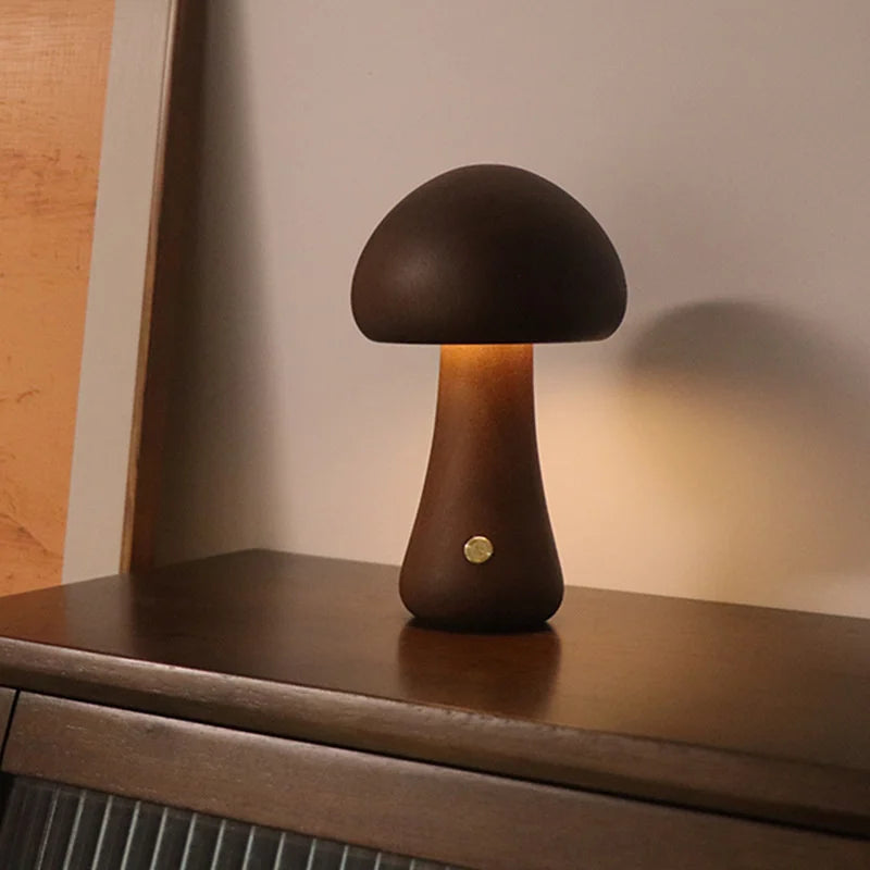 LED Mushroom Night Light - Wooden Bedside Table Lamp With Touch Switch, Adjustable Brightness - ZOOMNSTORE