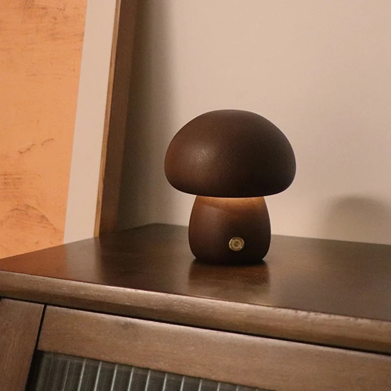LED Mushroom Night Light - Wooden Bedside Table Lamp With Touch Switch, Adjustable Brightness - ZOOMNSTORE