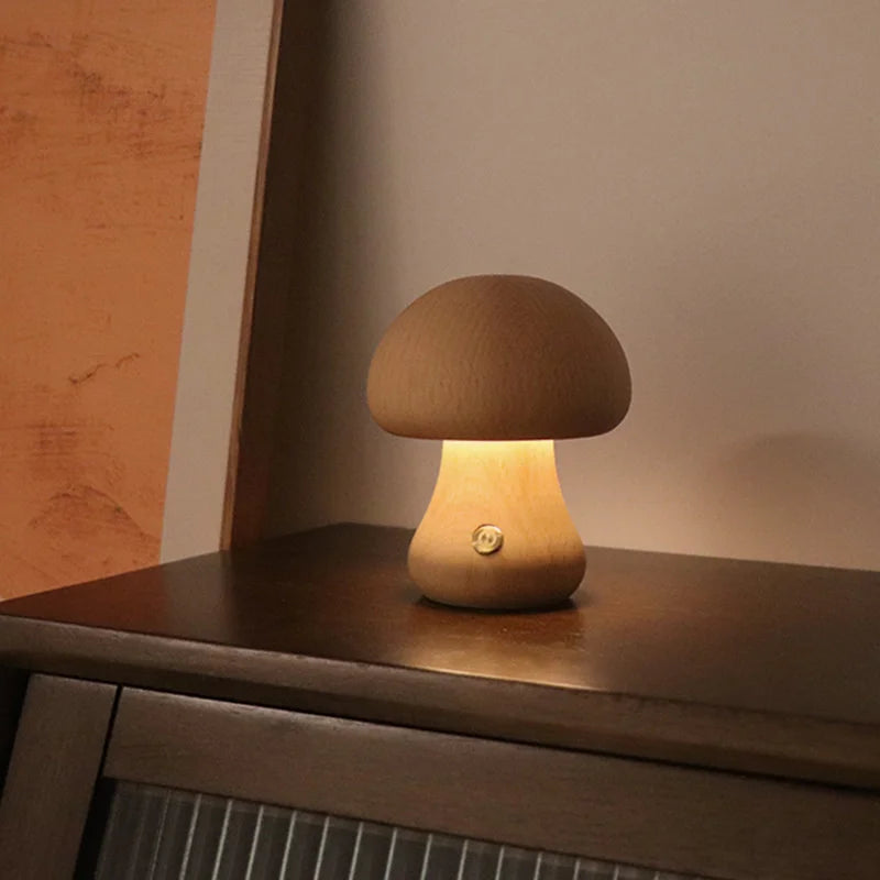 LED Mushroom Night Light - Wooden Bedside Table Lamp With Touch Switch, Adjustable Brightness - ZOOMNSTORE