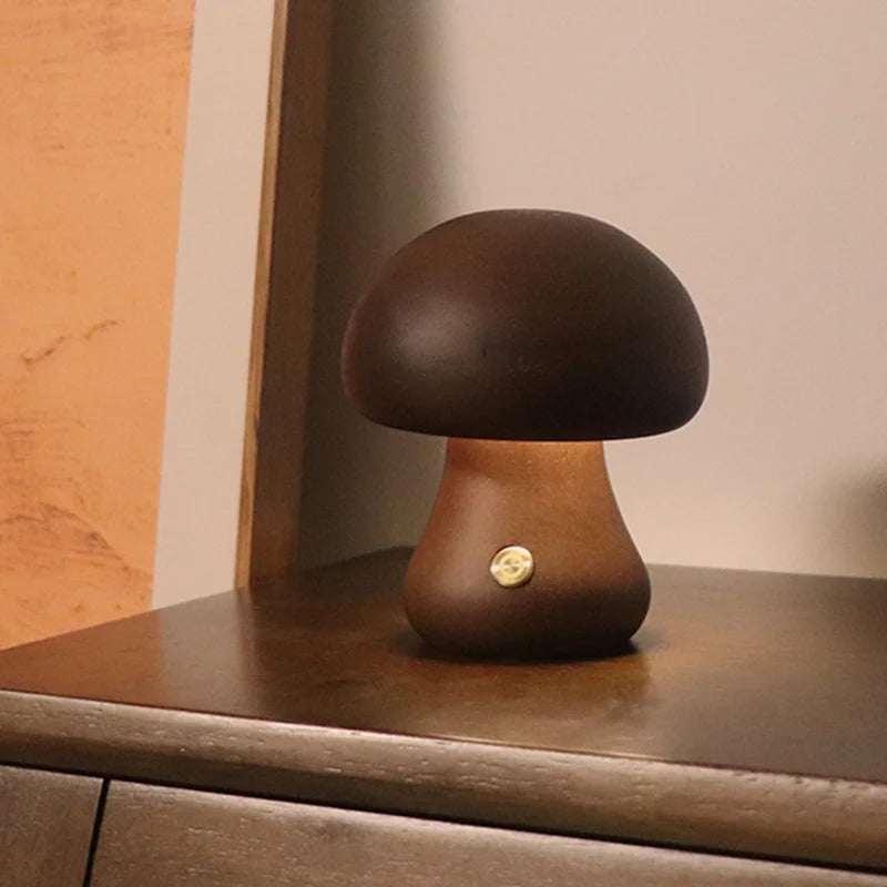 LED Mushroom Night Light - Wooden Bedside Table Lamp With Touch Switch, Adjustable Brightness - ZOOMNSTORE