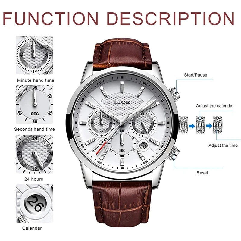 LIGE Mens Waterproof Sports Quartz Watch - Fashion Leather Military Date Timepiece - ZOOMNSTORE