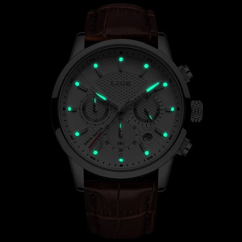 LIGE Mens Waterproof Sports Quartz Watch - Fashion Leather Military Date Timepiece - ZOOMNSTORE