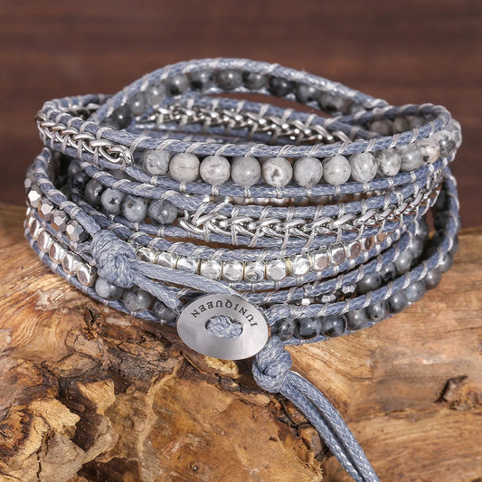 Natural Labradorite Wrap Bracelet - Handmade Grey Wax Rope  Stainless Steel Adjustable Boho Jewelry - ZOOMNSTORE