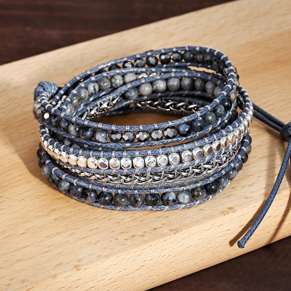 Natural Labradorite Wrap Bracelet - Handmade Grey Wax Rope  Stainless Steel Adjustable Boho Jewelry - ZOOMNSTORE