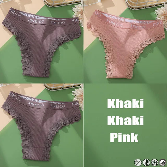 Lace Cotton Brazilian Panties Set - Womens Sexy G-String Thongs Plus Size M-2XL 3PCS - ZOOMNSTORE