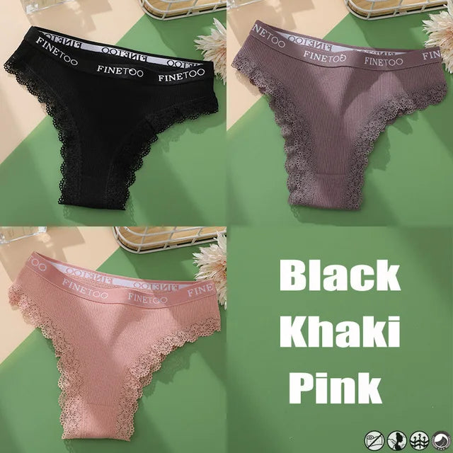 Lace Cotton Brazilian Panties Set - Womens Sexy G-String Thongs Plus Size M-2XL 3PCS - ZOOMNSTORE