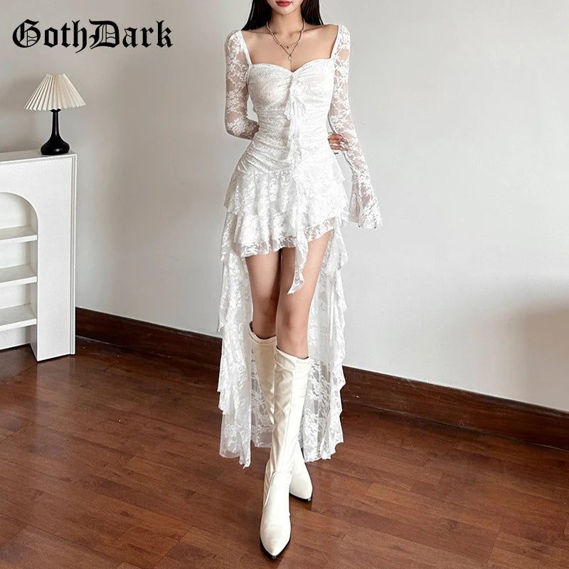 Goth Fairycore Lace A-line Dress - Dark E-girl Cyber Party Wear - ZOOMNSTORE