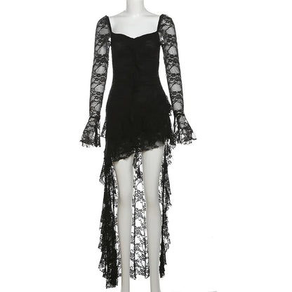 Goth Fairycore Lace A-line Dress - Dark E-girl Cyber Party Wear - ZOOMNSTORE
