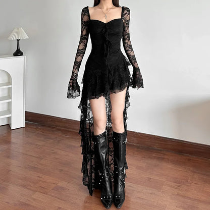 Goth Fairycore Lace A-line Dress - Dark E-girl Cyber Party Wear - ZOOMNSTORE