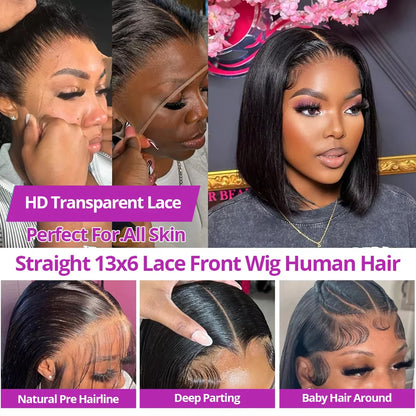 Lace Frontal Wigs - 250% Density HD Lace Front Pre Cut Bob Wigs Silky Straight - ZOOMNSTORE
