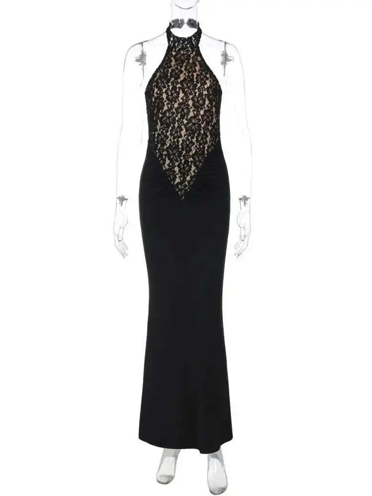 Lace Halter Maxi Dress - Black Backless Slim Fit Sleeveless Party Gown - ZOOMNSTORE