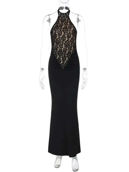 Lace Halter Maxi Dress - Black Backless Slim Fit Sleeveless Party Gown - ZOOMNSTORE