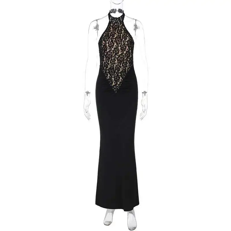 Lace Halter Maxi Dress - Black Backless Slim Fit Sleeveless Party Gown - ZOOMNSTORE