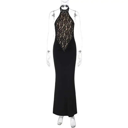 Lace Halter Maxi Dress - Black Backless Slim Fit Sleeveless Party Gown - ZOOMNSTORE