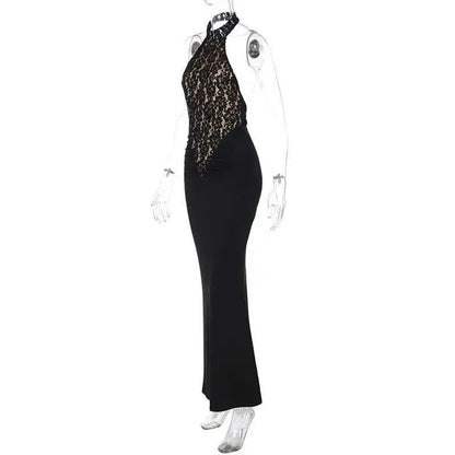 Lace Halter Maxi Dress - Black Backless Slim Fit Sleeveless Party Gown - ZOOMNSTORE