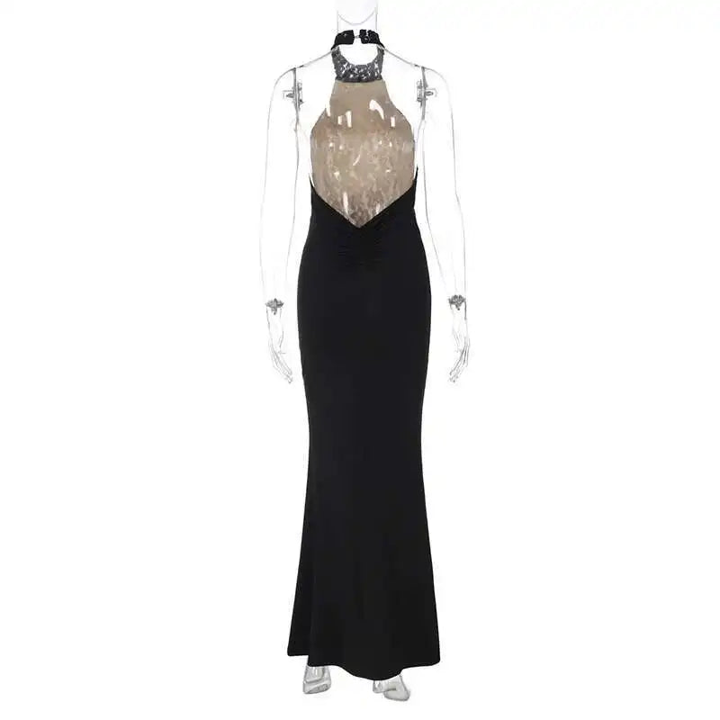 Lace Halter Maxi Dress - Black Backless Slim Fit Sleeveless Party Gown - ZOOMNSTORE