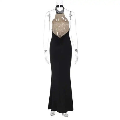 Lace Halter Maxi Dress - Black Backless Slim Fit Sleeveless Party Gown - ZOOMNSTORE