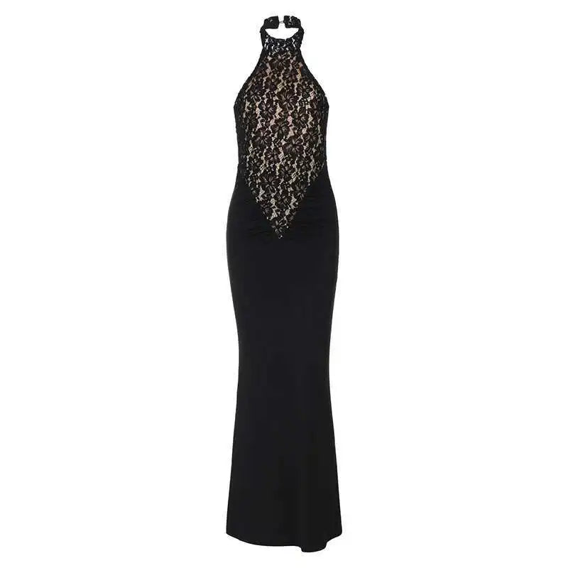Lace Halter Maxi Dress - Black Backless Slim Fit Sleeveless Party Gown - ZOOMNSTORE