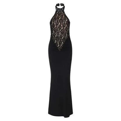 Lace Halter Maxi Dress - Black Backless Slim Fit Sleeveless Party Gown - ZOOMNSTORE