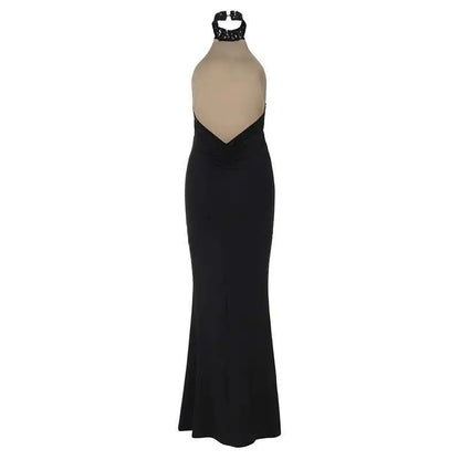 Lace Halter Maxi Dress - Black Backless Slim Fit Sleeveless Party Gown - ZOOMNSTORE