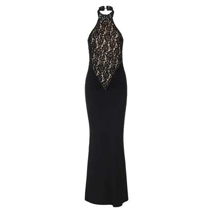 Lace Halter Maxi Dress - Black Backless Slim Fit Sleeveless Party Gown - ZOOMNSTORE