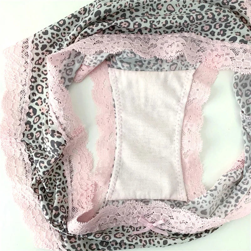 Lace Leopard Print Briefs - Sexy Low-Rise Womens Panties with Cotton Crotch - ZOOMNSTORE