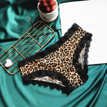 Lace Leopard Print Briefs - Sexy Low-Rise Womens Panties with Cotton Crotch - ZOOMNSTORE