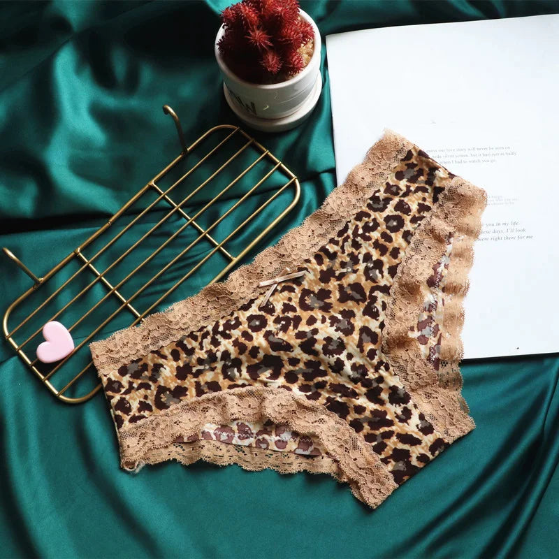 Lace Leopard Print Briefs - Sexy Low-Rise Womens Panties with Cotton Crotch - ZOOMNSTORE