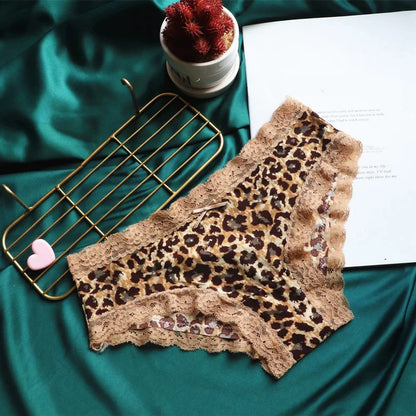 Lace Leopard Print Briefs - Sexy Low-Rise Womens Panties with Cotton Crotch - ZOOMNSTORE
