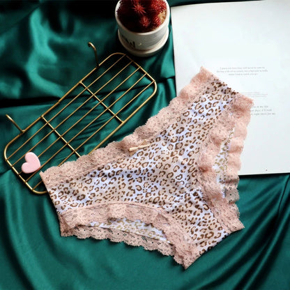 Lace Leopard Print Briefs - Sexy Low-Rise Womens Panties with Cotton Crotch - ZOOMNSTORE