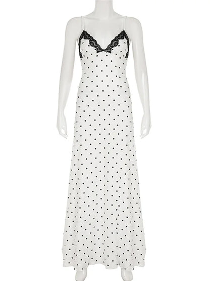 Lace Maxi Dress - Women's Party Dress With V-Neck Patchwork & Slim Spaghetti Straps - ZOOMNSTORE