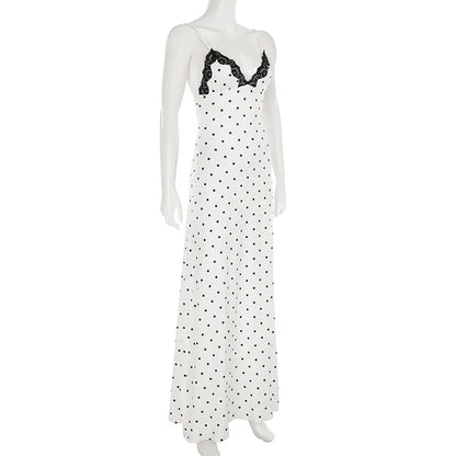 Lace Maxi Dress - Women's Party Dress With V-Neck Patchwork & Slim Spaghetti Straps - ZOOMNSTORE