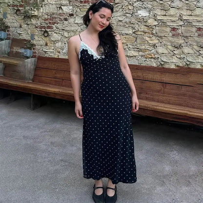 Lace Maxi Dress - Women's Party Dress With V-Neck Patchwork & Slim Spaghetti Straps - ZOOMNSTORE