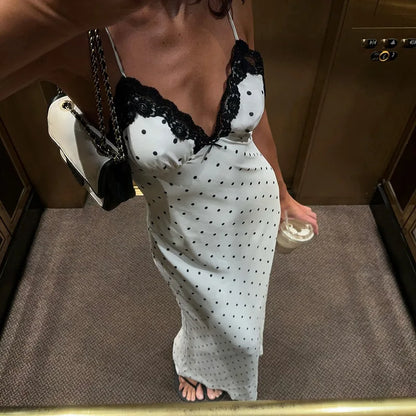 Lace Maxi Dress - Women's Party Dress With V-Neck Patchwork & Slim Spaghetti Straps - ZOOMNSTORE