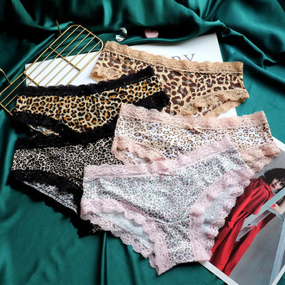 Lace Leopard Print Briefs - Sexy Low-Rise Womens Panties with Cotton Crotch - ZOOMNSTORE
