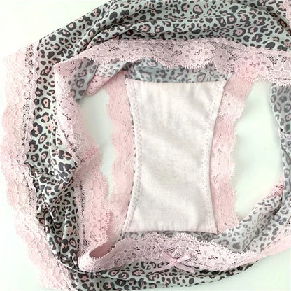 Lace Leopard Print Briefs - Sexy Low-Rise Womens Panties with Cotton Crotch - ZOOMNSTORE