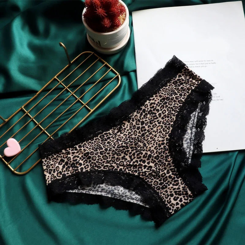 Lace Leopard Print Briefs - Sexy Low-Rise Womens Panties with Cotton Crotch - ZOOMNSTORE