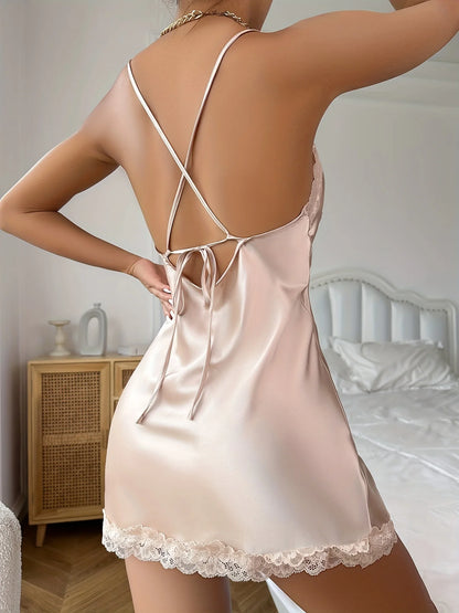 Luxury Lace Satin Nightgown - Womens Backless Sleepwear with Deep V Halter Design - ZOOMNSTORE