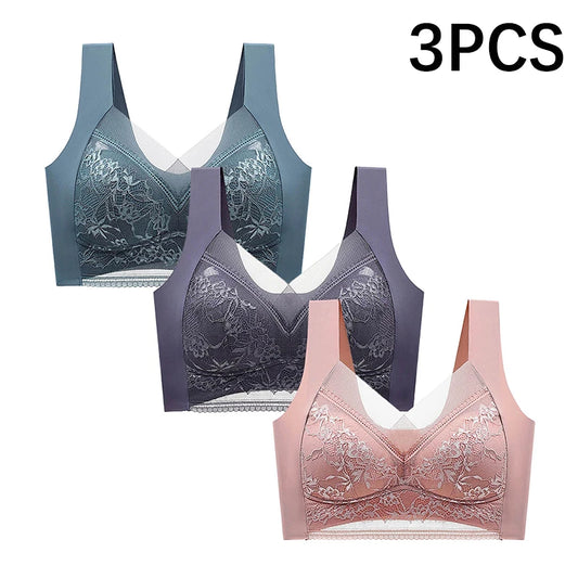 Lace Seamless Push-Up Bra Set - Womens Ice Silk Bralette Lingerie 3PCS - ZOOMNSTORE