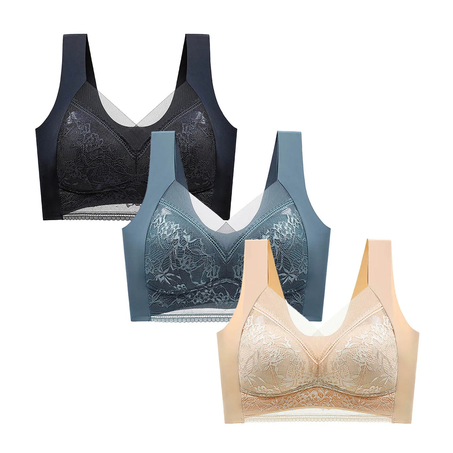 Lace Seamless Push-Up Bra Set - Womens Ice Silk Bralette Lingerie 3PCS - ZOOMNSTORE