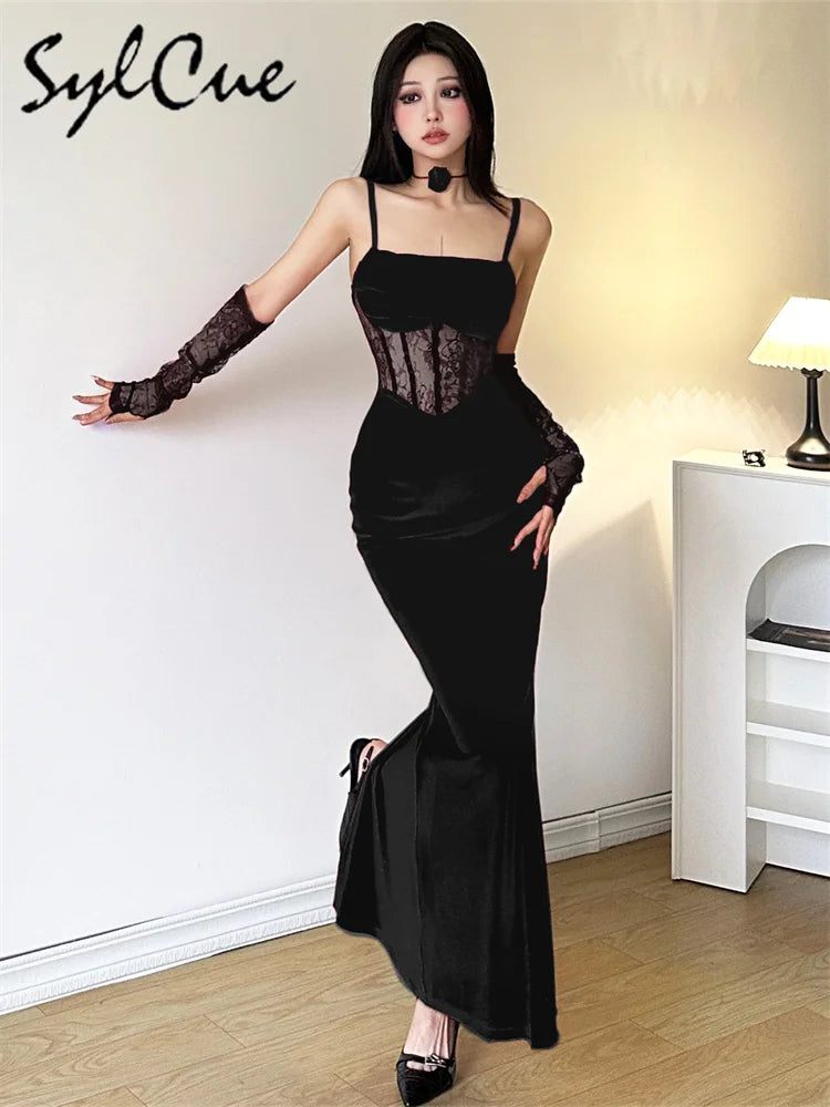 Elegant Lace Sling Dress with Sleeves - Winter Formal Party Dress - ZOOMNSTORE